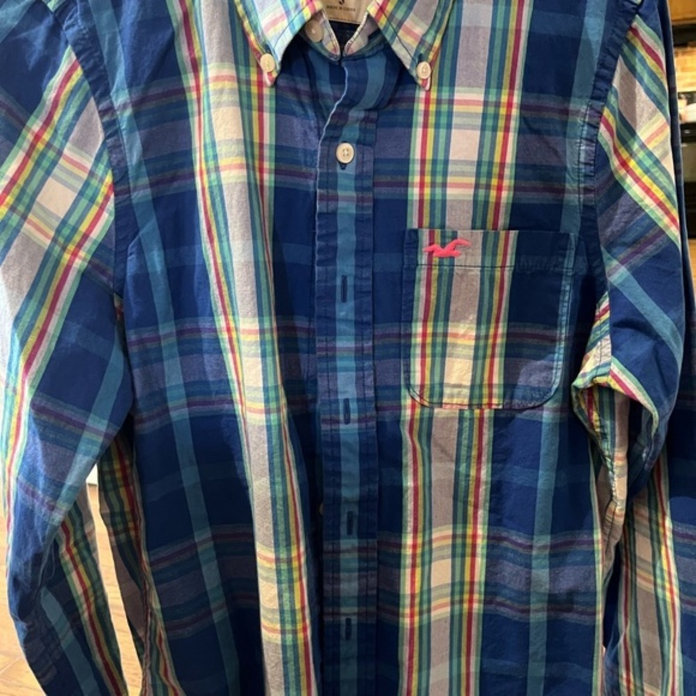 Hollister Plaid Button-Up Shirt Blue Multicolor Long Sleeve Cotton Men Size S